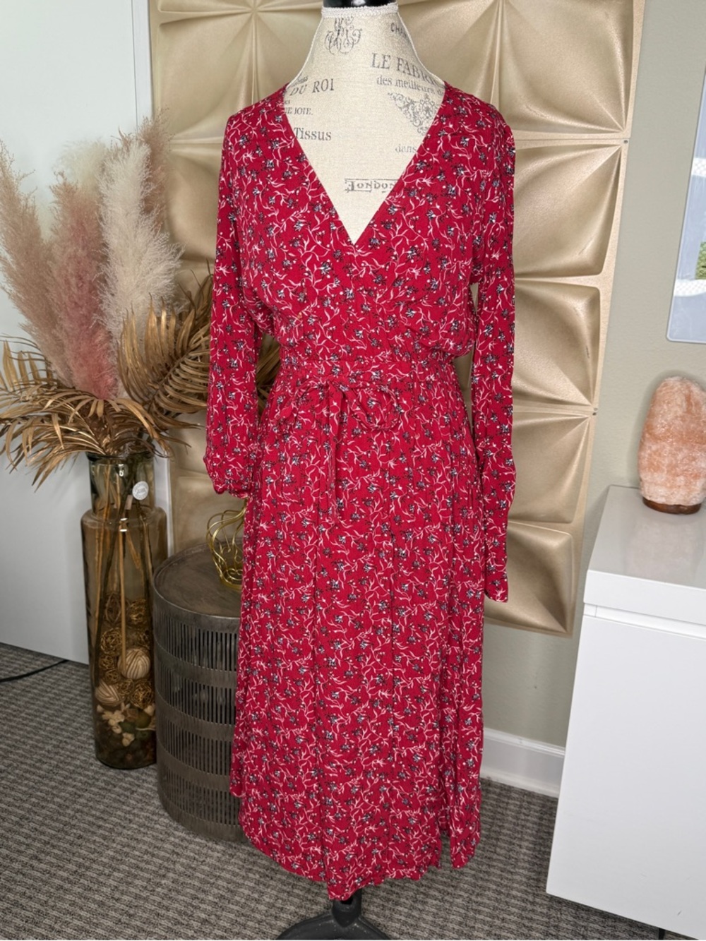 Treasure & Bond Red Floral V-Neck Long Sleeve Wrap Dress